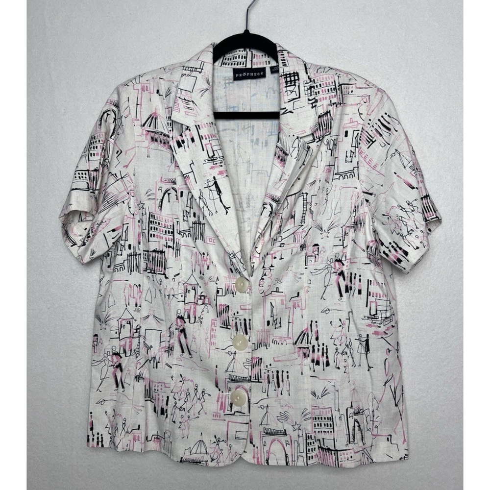 Prophecy Women's Short Sleeve Blazer Size 18 Shoulder Pads City Scape Pattern